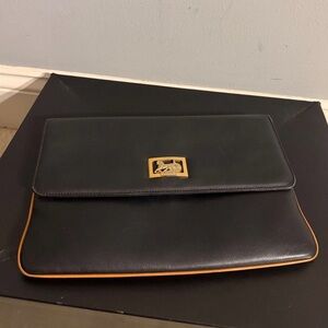 Celine Black Leather Clutch with Gold Accent
